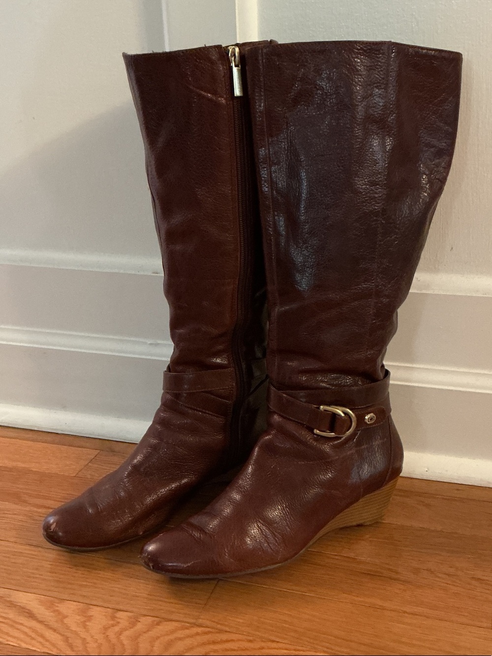 Bandolino Dark Brown Leather Mid-Calf Wedge Boots with Buckle